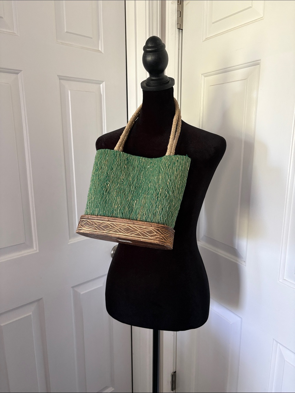 Patchouli Green Woven Handbag with Decorative Wooden Trim and Rope Handles. - Picture 1 of 14